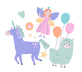 Set of cute pastel doodles. Adorable stickers with fairy, alpaca, balloons and unicorn. Magical Elements of Fantasy World or Fairy Tales. Flat vector illustration collection isolated on background