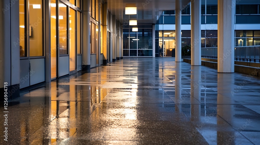 Poster rainy evening reflection on a calm and serene urban walkway with soft lighting : generative ai