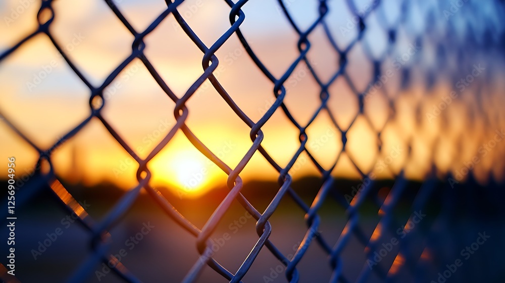 Poster intricate metal fence weaving detailed patterns in the sunset glow : generative ai