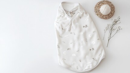 A white blanket with a flower pattern is on a table