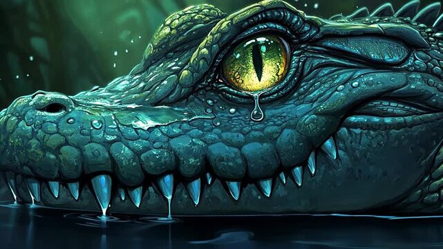 Close up of a crocodile's tear dropping, medieval literature metaphor for insincere and pretended sympathy.