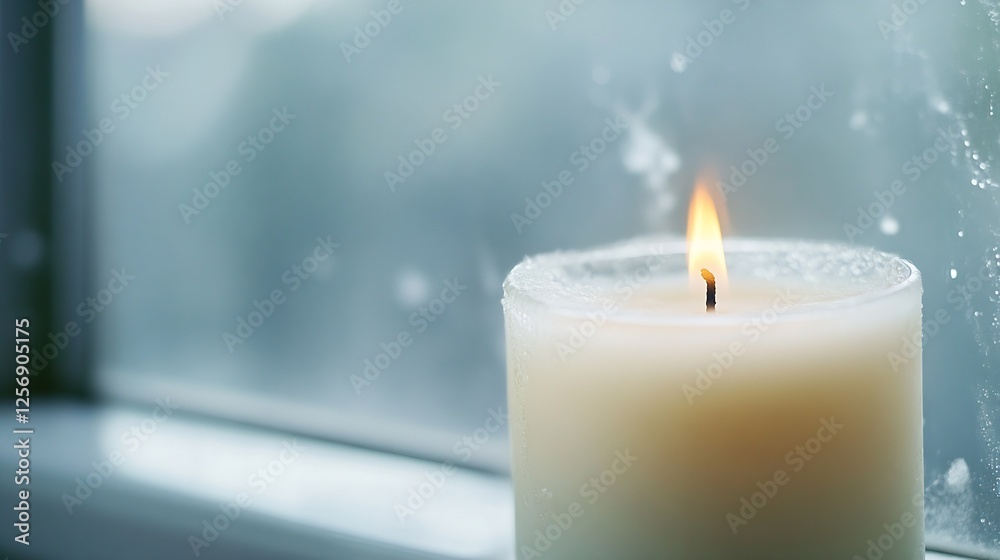 Aufkleber Tranquil candle glowing softly against the backdrop of a foggy window in a serene setting : Generative AI