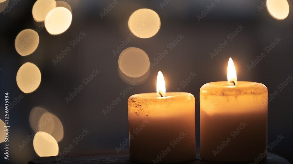 Aufkleber Two glowing candles illuminating a dark setting creating a warm and inviting atmosphere for relaxation : Generative AI