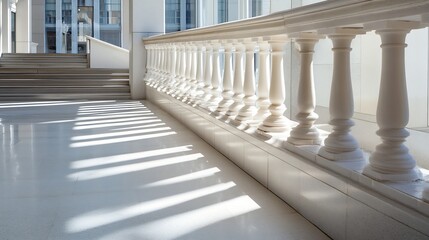 Elegant White Balustrade Casting Shadows in a Bright Contemporary Interior Space : Generative AI