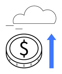 Dollar coin and upward arrow under a cloud outline evoke economic growth, innovation, and digital trends. Ideal for finance, cloud tech, startups, economy, investment, growth abstract line flat
