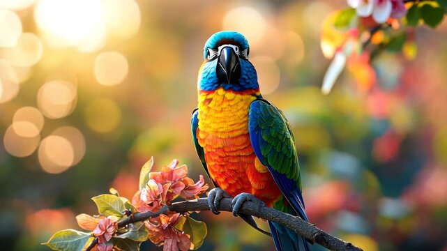 Colorful parrot perched on branch amidst blooming flowers in serene nature setting