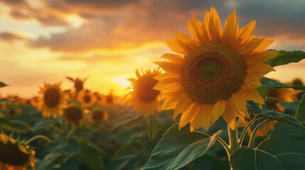 Obraz premium Golden Sunflowers in a Field at Sunset