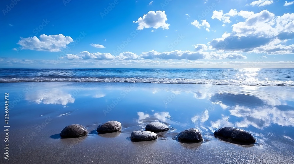 Aufkleber stunning ocean shoreline scene featuring smooth rocks on the sandy beach under a bright blue sky wit