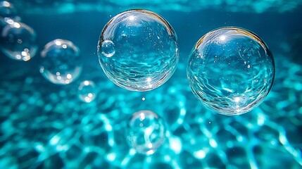 Underwater bubbles rising in turquoise pool, sun reflecting.  Website banner
