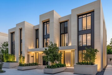 Elegant modern architecture showcases a serene residence illuminated at dusk with lush greenery in a peaceful neighborhood