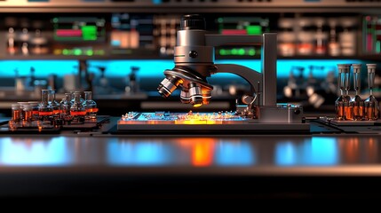 Laboratory scene showcasing a microscope analyzing colorful samples with glassware in the background