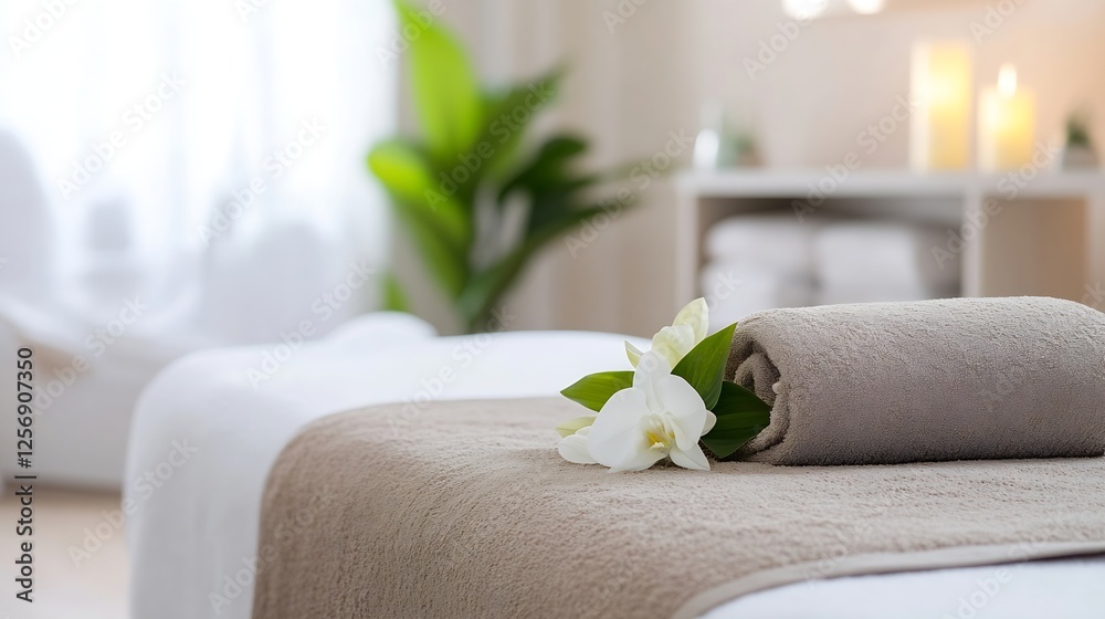 Poster relaxing spa setting with towel and white orchid flower on a comfortable massage bed : generative ai