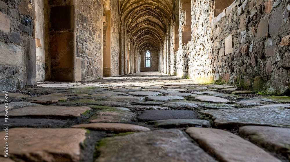 Poster historic cobblestone walkway surrounded by ancient architecture under a bright blue sky : generative