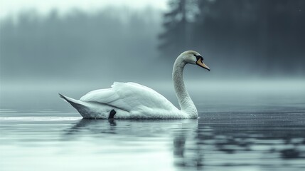 Fototapeta premium Serene swan gliding across a misty lake at dawn, surrounded by tranquil nature and trees