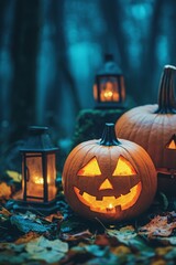 Obraz premium Pumpkins are glowing in the dark forest on halloween night, casting a warm candlelight glow