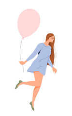 Happy person flying with balloons. Beautiful smiling woman flying up to clouds on big balloon. Dreamy Carefree Character. Concept of freedom and joy. Flat vector illustration isolated on background