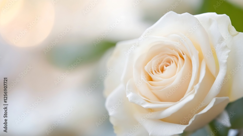 Poster Elegant closeup of a beautiful white rose with soft delicate petals and dreamy bokeh effect in the background : Generative AI