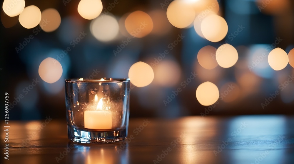Poster warm glowing candle in a glass holder surrounded by blurred lights creating a cozy and inviting atmo