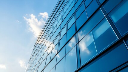 Stunning tall building with a glass facade reflecting the clouds and blue sky creating an airy feel : Generative AI