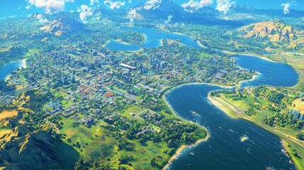Obraz premium Aerial View of a Lush Urban Landscape Surrounded by Rivers and Mountains with Vibrant Greenery and Clear Blue Skies