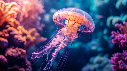 Naklejka premium Mesmerizing Jellyfish Gliding Through Vibrant Coral Reef Waters