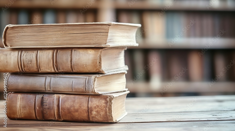 Poster Stack of Antique Books on a Wooden Table in a Cozy Library Setting : Generative AI