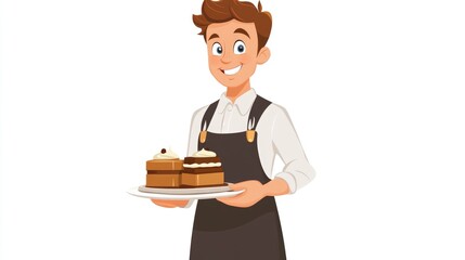 Smiling Waiter Serving Delicious Cakes