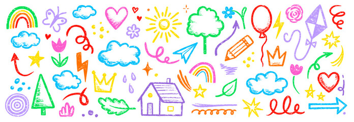 Kid crayon chalk line cloud, flower children element set. Hand drawn crayon doodle sketch childish element set. Chalk heart, cloud, flower color cute design element background. Vector illustration