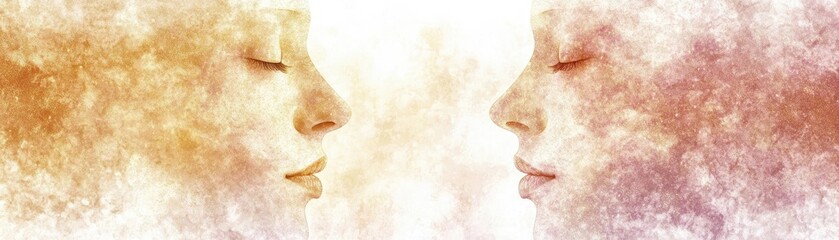 Fototapeta premium Two faces, serene, close, unity, soft light background, spiritual meditation