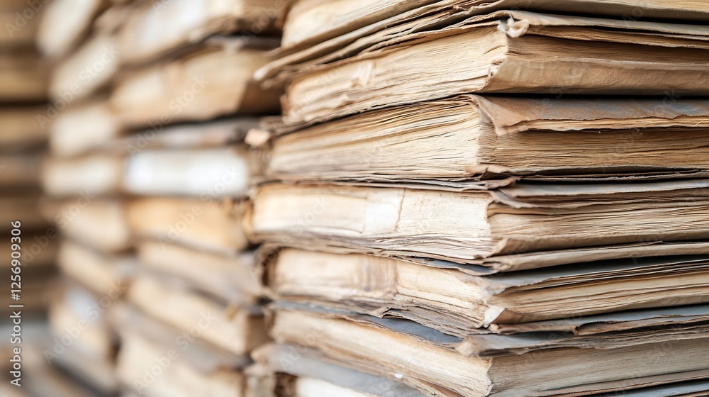 Poster a detailed view of vintage books stacked on top of each other showcasing their worn pages and textur