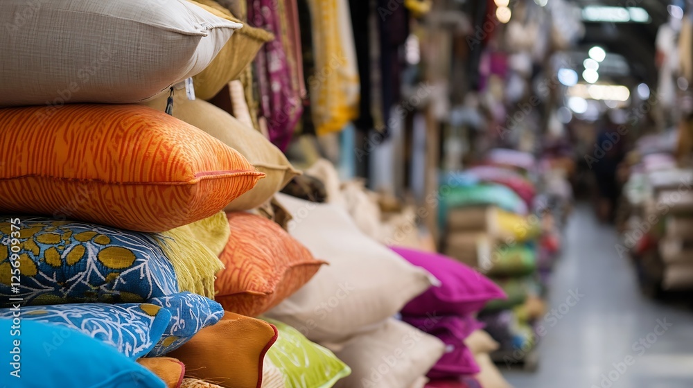 Poster A vibrant display of colorful cushions stacked for sale in a busy market creating a cozy atmosphere : Generative AI