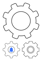 Three outlined gear icons in simple line art. Includes a bell for notifications and plain gears for settings or systems. Ideal for operation, alerts, customization, automation, workflow, technology