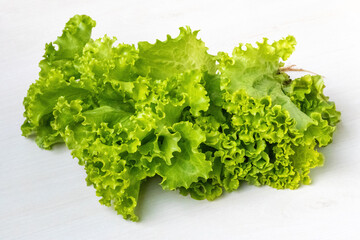 Fresh green lettuce salad leaves arranged on a light wooden background. Its scientific name is Lactuca sativa. A healthy vegetable.