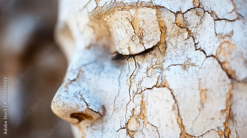 Poster closeup of a weathered statue's face with cracked paint and serene expression : generative ai