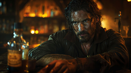 Obraz premium Rugged man sitting at a dimly lit bar, contemplating life with whiskey in hand