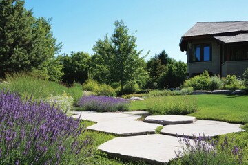 Fototapeta premium Lush garden pathway lined with lavender flowers under a clear blue sky near a modern house in a serene suburban setting during daytime