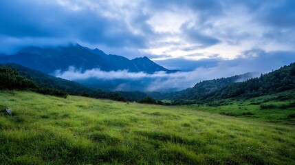 Breathtaking mountain landscape with rolling green hills and gentle clouds hanging in the blue sky : Generative AI