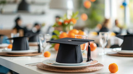 Elegant graduation party setup featuring festive decorations and a bright, minimalistic design on a light background