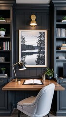 sophisticated interior design style, featuring a modern home office setup. The layout includes a central framed black and white landscape photograph depicting a serene lake and tree scene