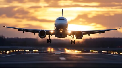 Fototapeta premium Commercial airplane taking off at sunset showcasing a vibrant sky and reflections on the runway : Generative AI