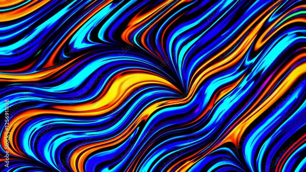 Poster abstract vibrant swirling pattern with blue and orange waves, energetic motion. digital art and mode