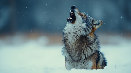 A lone wolf howling in the snow, mouth open in a winter landscape, symbolizing strength, solitude, and the untamed spirit of the wild, with a modern bright tone and empty space for captioning.

