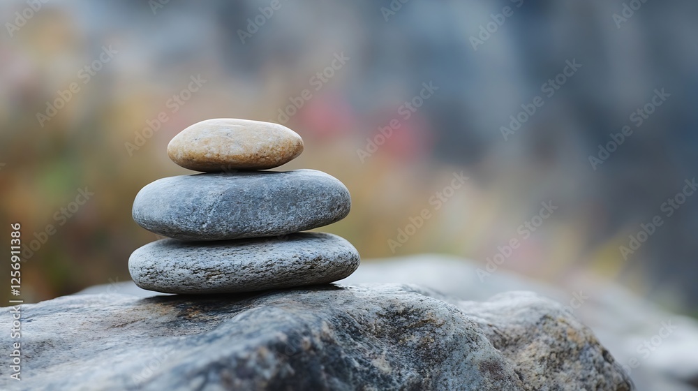 Aufkleber Balanced River Stones Stacked Neatly on a Cliffside with Soft Nature Background : Generative AI