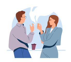 Business People Daily Routine. Male and female office employees or colleagues smoking, relaxing and communicating during break. Cartoon flat vector illustration isolated on background