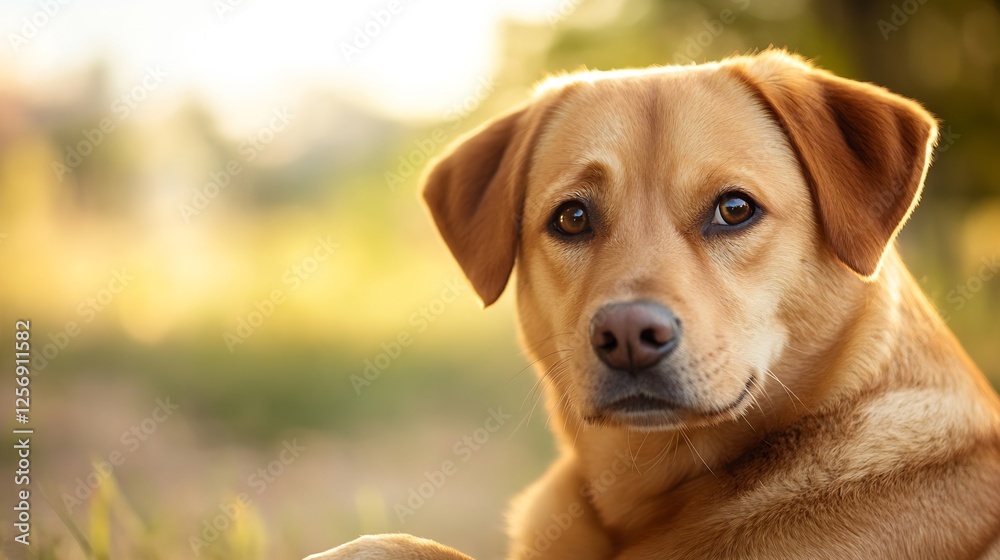 Poster Thoughtful looking yellow Labrador retriever relaxing in a sunlit setting with a calm demeanor and natural background : Generative AI