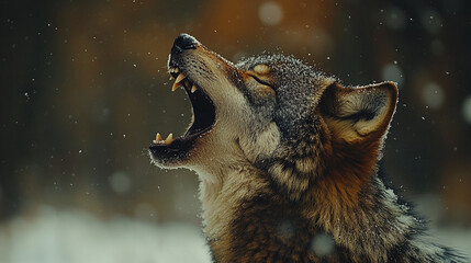 A lone wolf howling in the snow, mouth open in a winter landscape, symbolizing strength, solitude, and the untamed spirit of the wild, with a modern bright tone and empty space for captioning.

