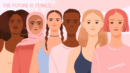 Women History Month banner. Pastel poster featuring portraits of multiracial and multicultural young girls. Design element for greeting card on March 8. Spring Festival. Flat vector illustration