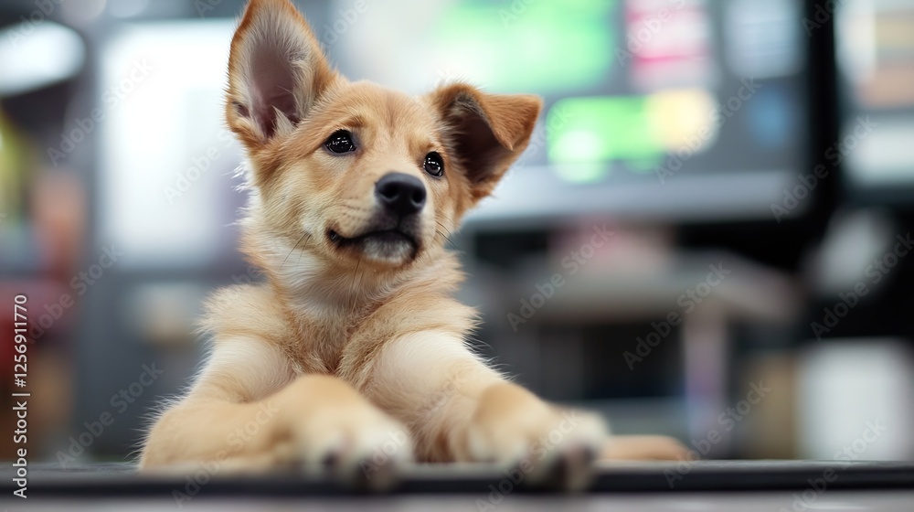 Poster Adorable puppy lying on the floor in a cozy indoor setting with vibrant colors in the background : Generative AI