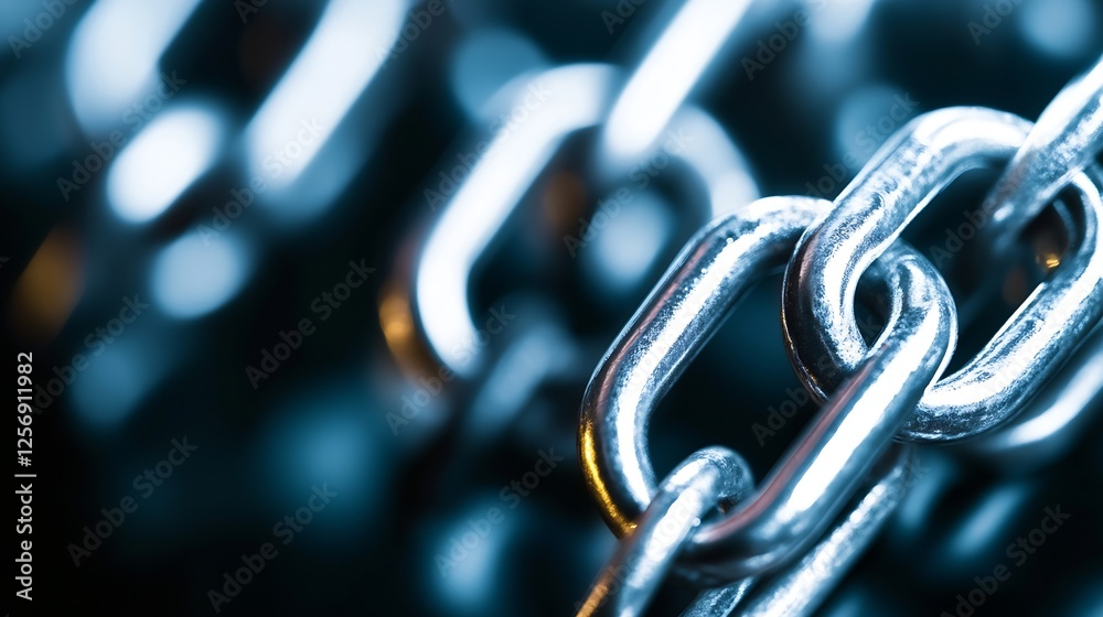 Poster detailed closeup of shiny steel chain links representing strength and connection in technology and s