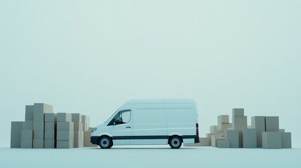 Delivery van transports packages; warehouse background